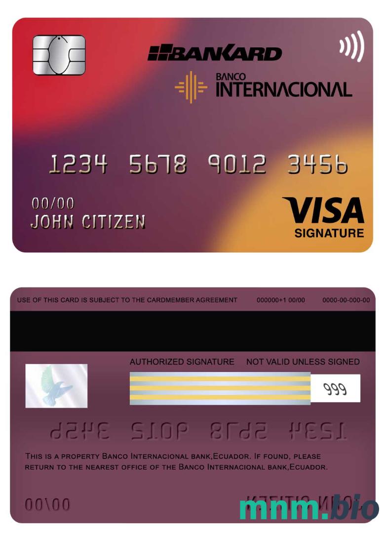 Ecuador Banco Internacional bank visa podpis karta screen